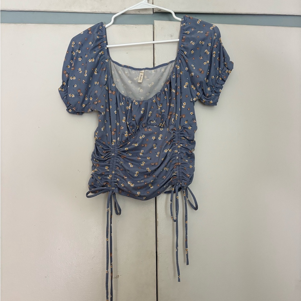 Floral Blue Ruched Women's Top